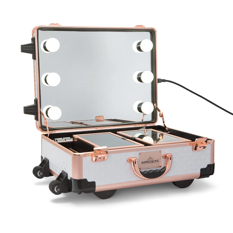 SlayCase® XLS Vanity Travel Train Case With Stand In White & Rose Gold Studded 3 SlayCase® XLS Vanity Travel Train Case With Stand In White & Rose Gold Studded