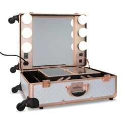 SlayCase® Pro Vanity Travel Train Case With Stand In White & Rose Gold Studded